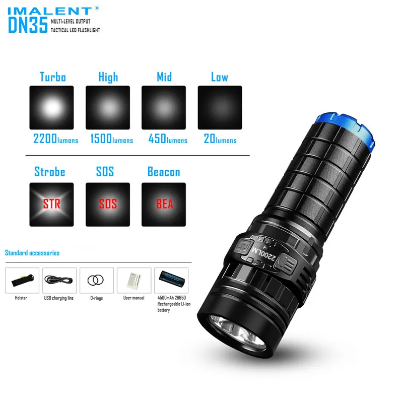 

IMALENT DN35 Tactical Flashlight 2200 lumen CREE XHP35 HI LED beam throw 596M LED Flashlight with 1PC 4500mAh 26650 battery