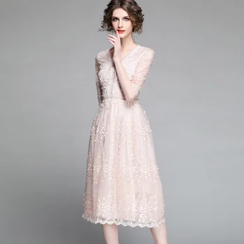 

Elegant Dresses Women 2019 Spring New V-Neck Bandage Half Sleeved Slim Hollow Out Gauze Embroidered Solid Color Midi Dress S-XL