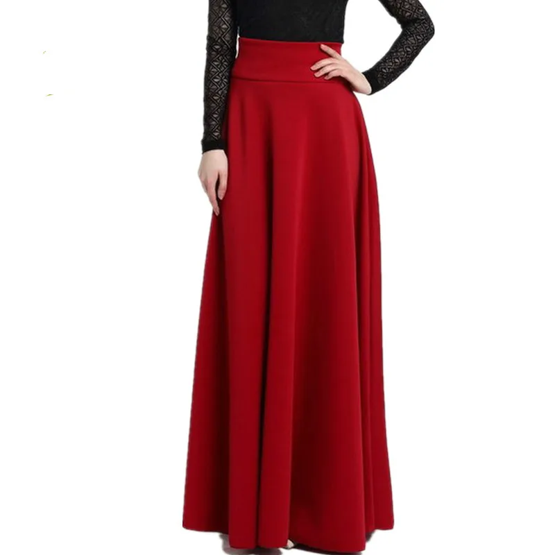 New Women High Waist Elegant Solid Color Long Skirts Big Swing Pleated