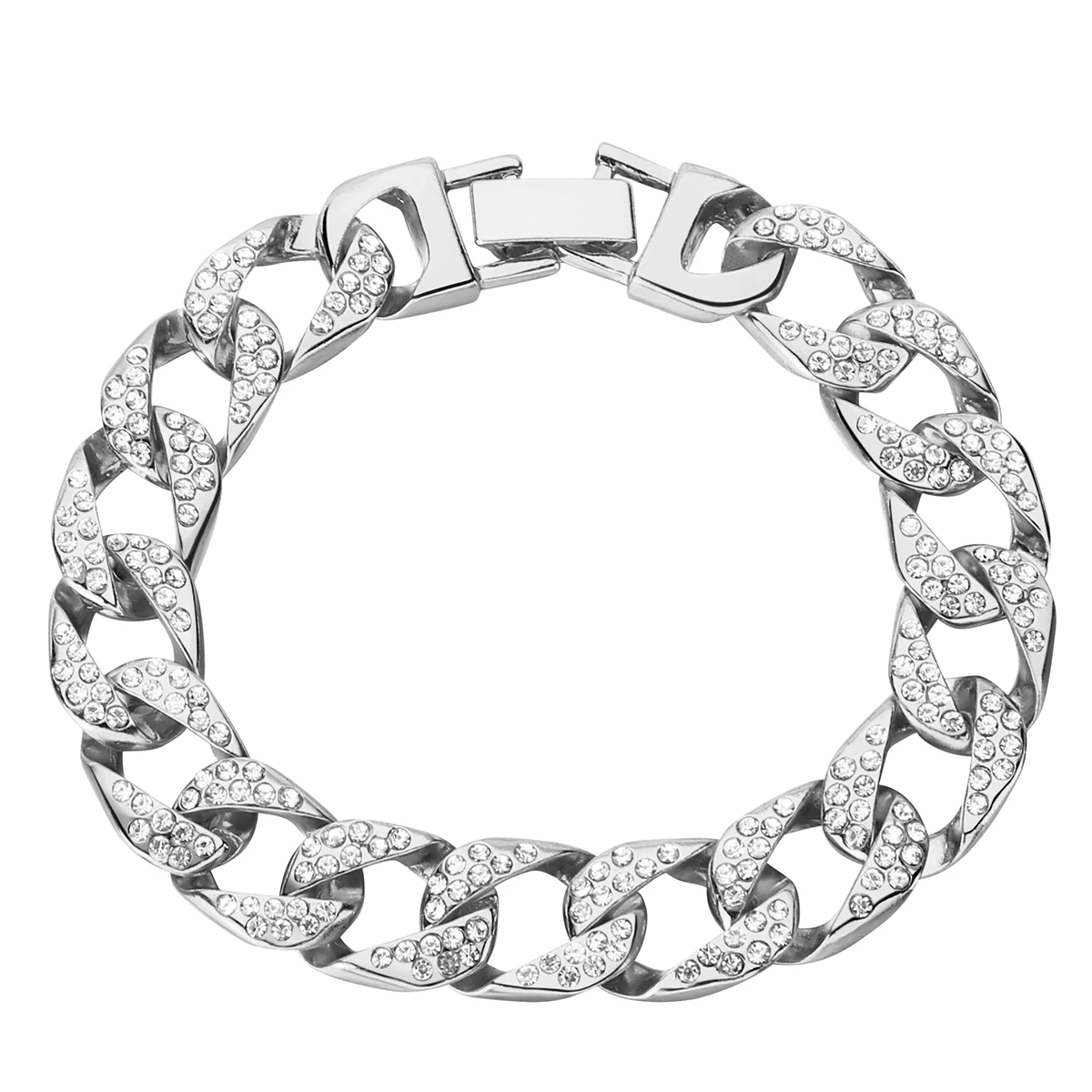 Men Hip Hop Curb Cuban Link Chain Bracelet Silver Color Iced Out Rhinestones Bracelet Rapper Rock Crystal Bracelets&Bangles