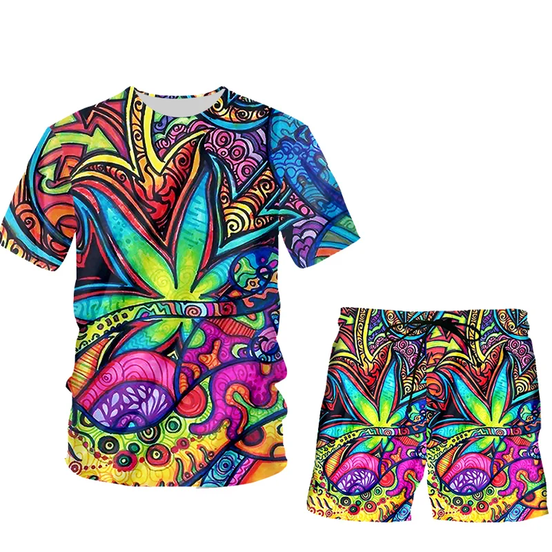CJLM разноцветная футболка с разноцветными листьями 3D красочные геометрические мужские футболки с полным принтом жилет шорты мужской костюм - Цвет: 02226-SHTS
