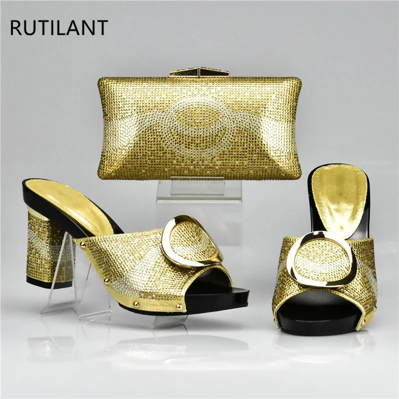 Gold Italian Matching Shoes and Bag Set African Wedding Shoe and Bag