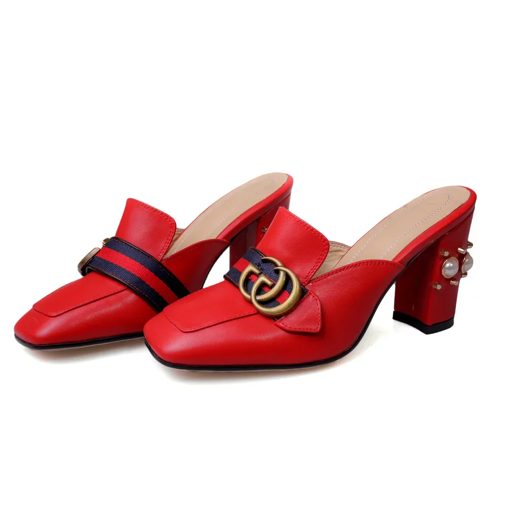 

Summer leather double G buckle slippers high heels pearl rivet thick with slippers daily women's shoes slippers women's shoes
