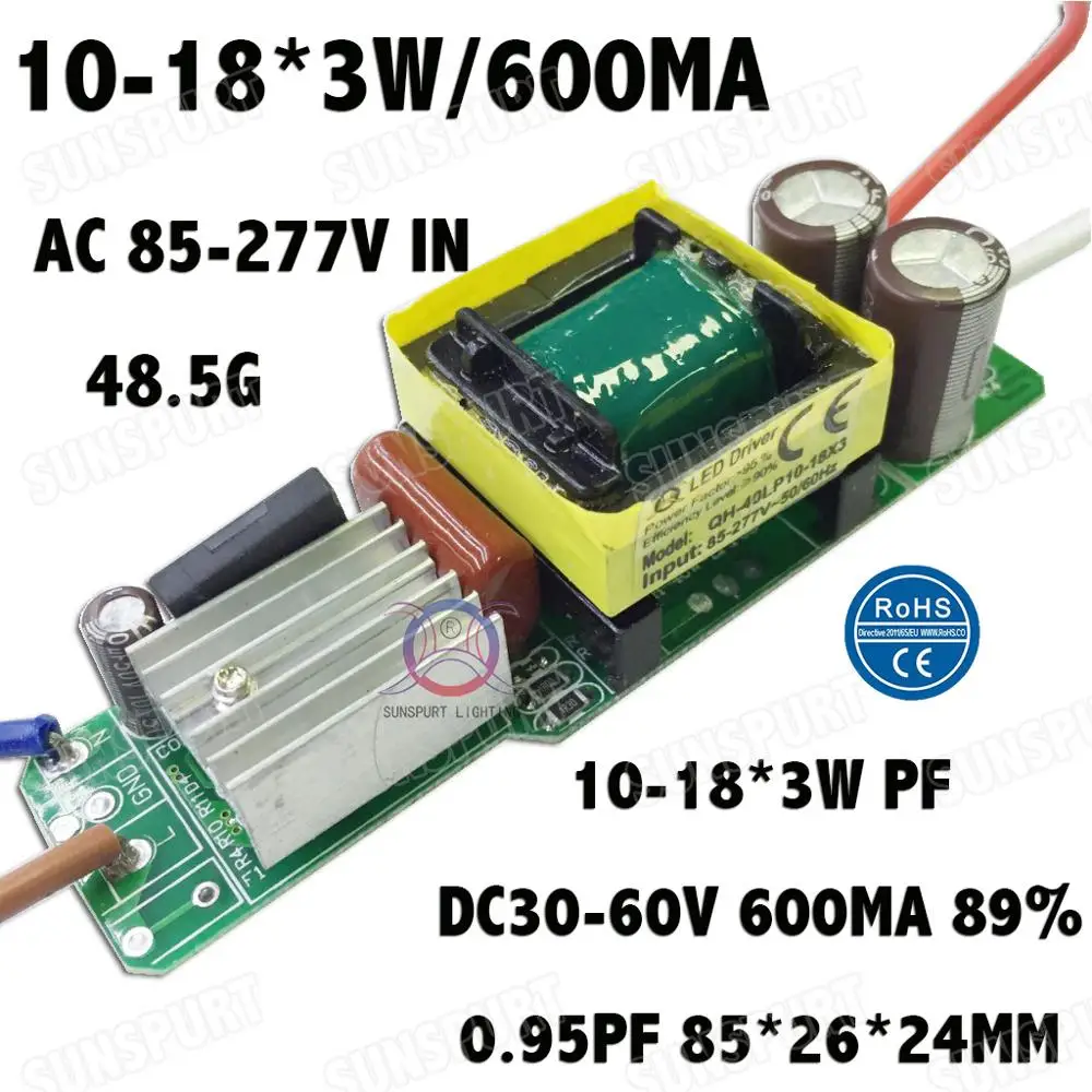 3-20 шт высокая PFC> 0,95 изоляция 36 Вт AC85-277V светодиодный драйвер 10-18x3W 600mA DC30-60V постоянный ток потолочный светильник