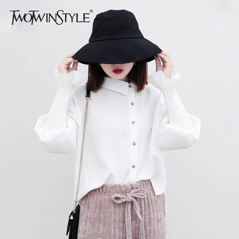 

TWOTWINSTYLE Chiffon Shirt Womens Elastic Lantern Sleeve Irregular White Shirts Female Spring 2019 Fashion Vintage Clothing