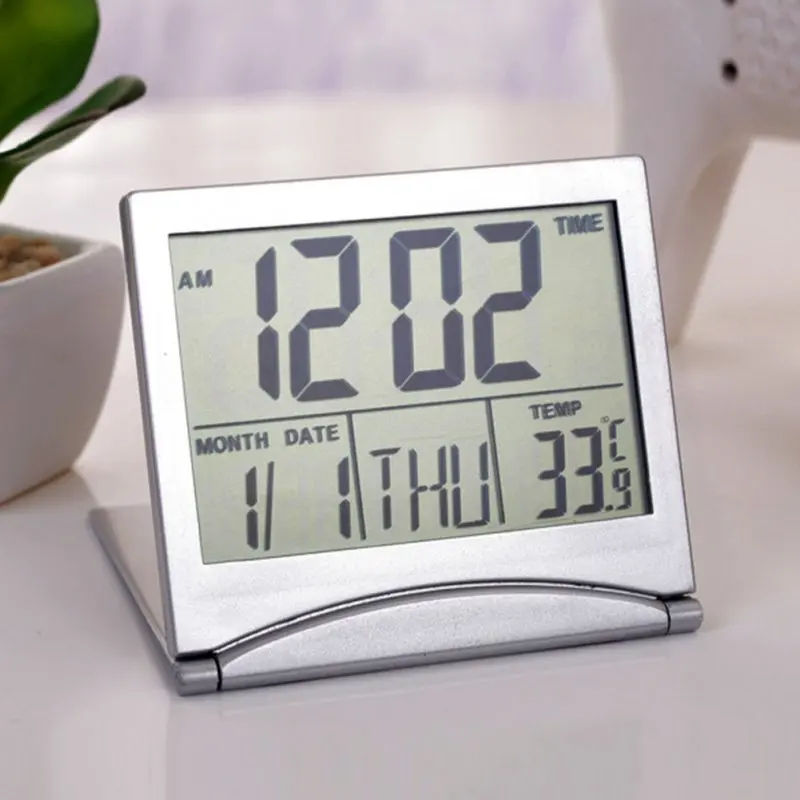 

1PC Alarm Clock Digital LCD Thermometer Timer Calendar Date Snooze Alarm Folding Slim Desk Clock