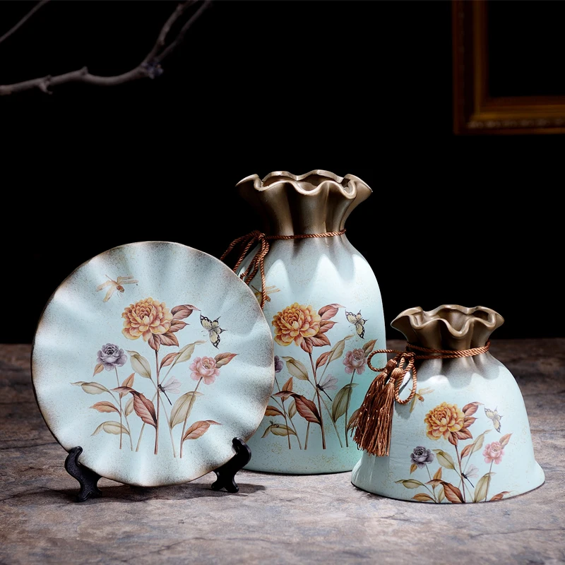 Стиль Ретро керамическая ваза из трех частей цветочное Украшение Декор интерьера дома Европейская тарелка