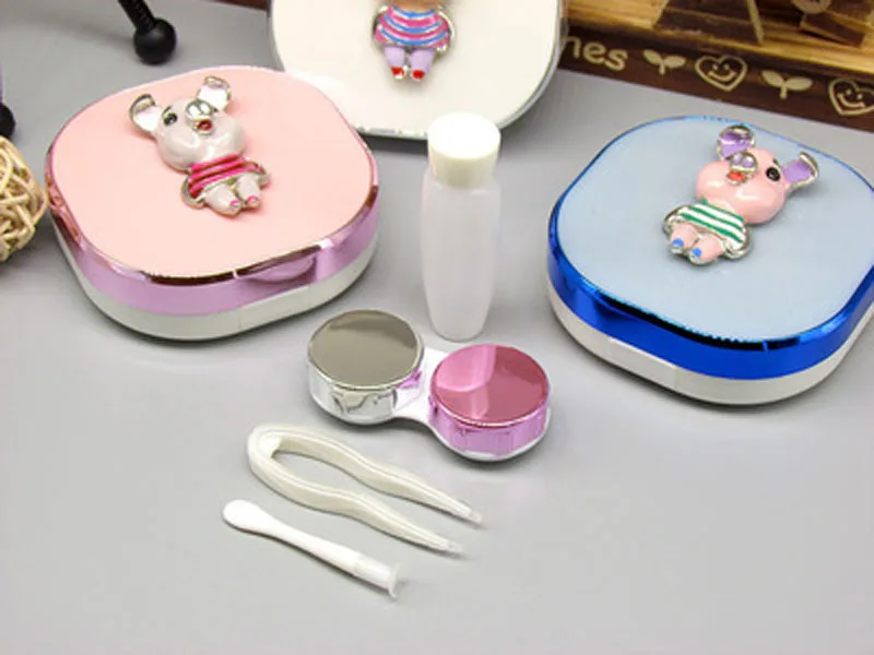 

Cute Piggy Contact Lens Case With Make Up Mirror Women Companion Box Eyes Cartoon Portable Lovely Travel Kit Box