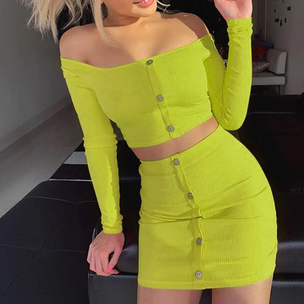 

2019 New Women Two Piece Set Sexy Ladies Solid Bottons Long Sleeve Off Shoulder Crop Top Mini Skirt Suits Ropa Sexy
