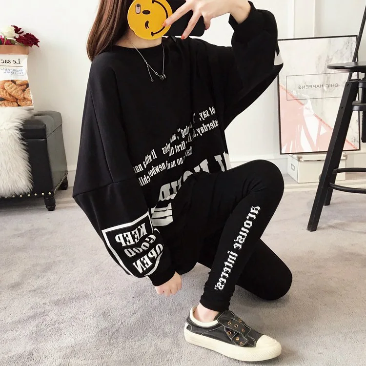 Mr.nut spring large size women's loose round neck letter printing long section Korean version of the trend hoodie women Mr.nut spring large size women's loose round neck letter printing long section Korean version of the trend hoodie women