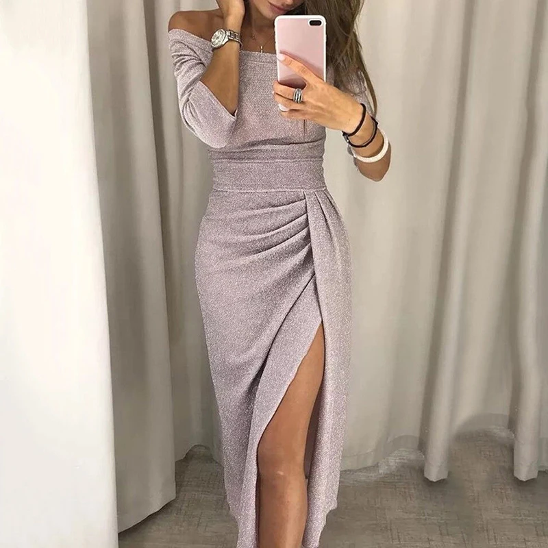 

Autumn Women Off Shoulder Sexy Bodycon Dress Elegant Party Dresses Long Sleeve Shiny Ruched Thigh Slit Long Dress