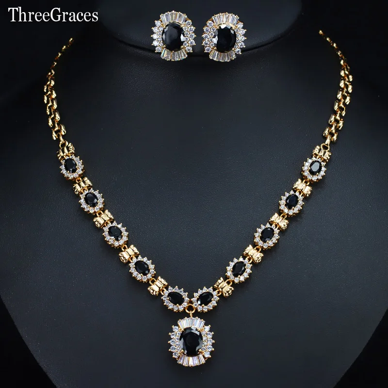 ThreeGraces Vintage Black Oval Crystal Necklace Earrings Luxurious Cubic Zirconia Gold Color Jewelry Sets For Women JS210 ThreeGraces Vintage Black Oval Crystal Necklace Earrings Luxurious Cubic Zirconia Gold Color Jewelry Sets For Women JS210