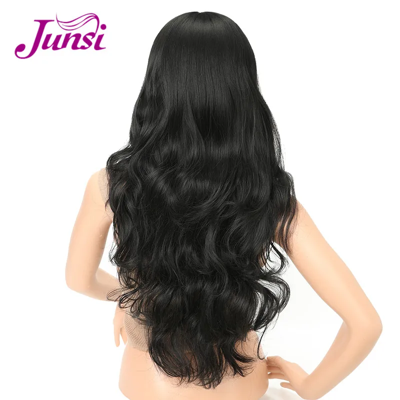 JUNSI Длинные Косплей синтетический парик Красный Черный Омбре фиолетовый парики для женщин вьющиеся Высокая температура волокна волос - Цвет: black