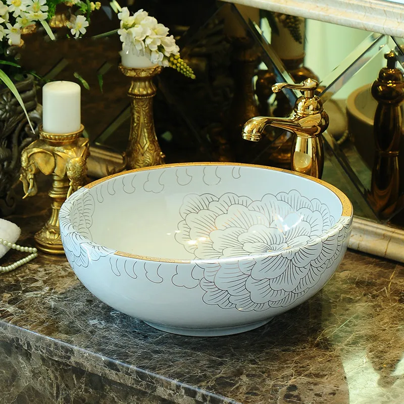 

Round Ceramic Counter Top Wash Basin Cloakroom Hand Painted Vessel Sink bathroom sinks vintage style sinks white peony pattern