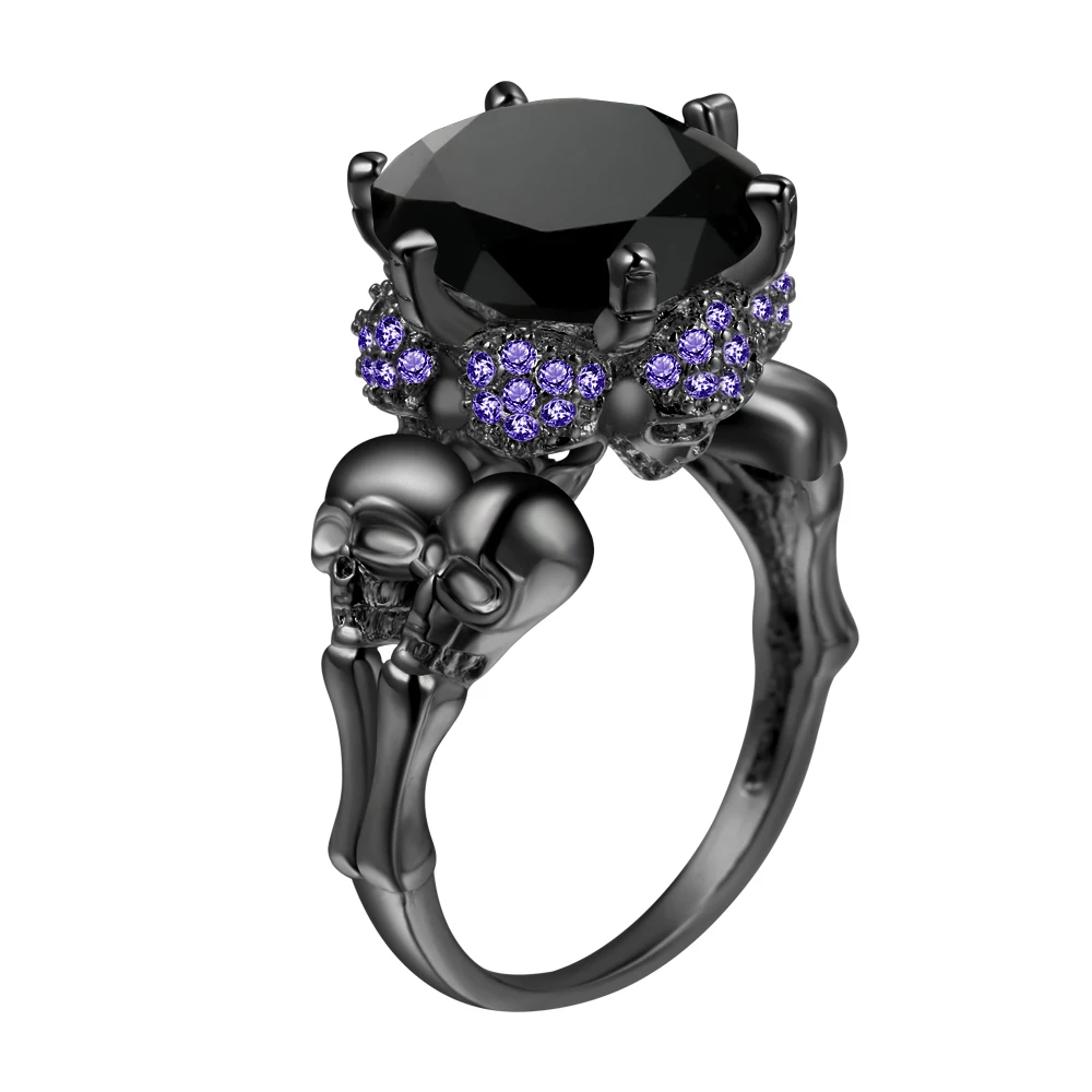 Women's Skull Ring Rhodium Plated Princess cut 10mm Black Zircon Women
