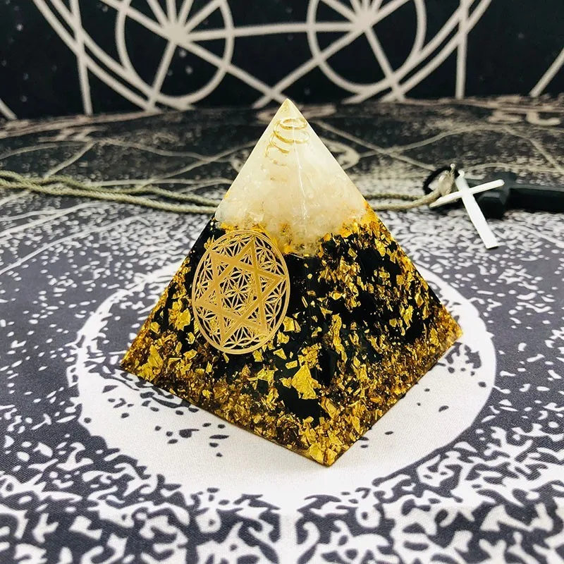 AURAREIKI Orgonite Pyramid Ajna Chakra Raziel Natural White Crystal Obsidian Expel Evil Forces Resin