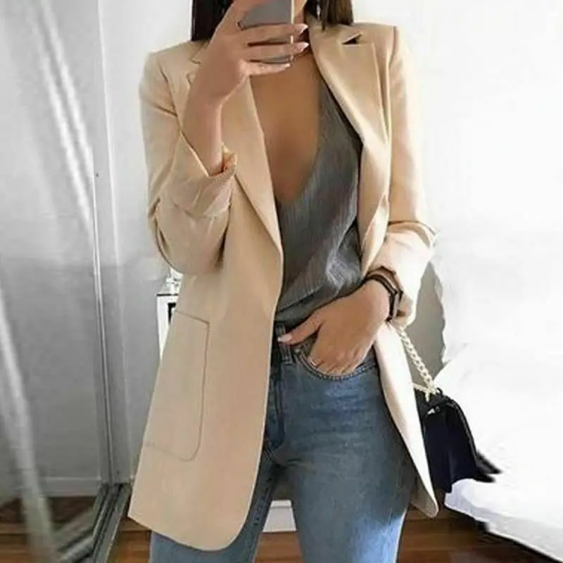 Hot Womens Long Sleeve Vintage OL Slim Fit Formal Long Blazer Spring Autumn Elegant Pocket Solid Suit Jacket Coat Casual Outwear