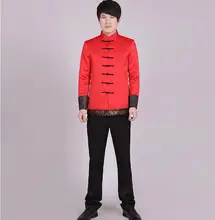 China Style Long Sleeve Chinese Traditional Clothing Wear Red Jacket Men’s Tang Vintage Stand Collar Top