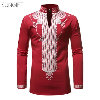 

SUNGIFT Dashiki African Traditional Men's Top Long Sleeve Slope Shoulder Puff Sleeve Mini Dress Print 2019 Male Faddish Clothes