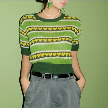 

Women Knit Crop Top 2019 Summer Short Sleeve Heart Printed Green Crop Sweater Fashion Cropped Pullover Jumper Streetwear Tshirt