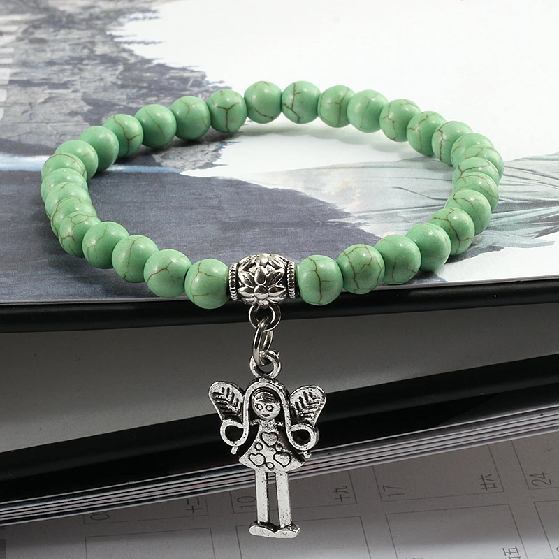 

6MM Natural Stone Beads Silver Angel Pendant Bracelets Bangles Women Yoga Charm Jewelry Fashion Men Black Matte Elastic Bracelet