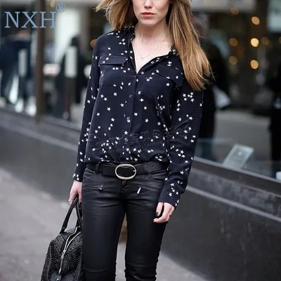 NXH женские топы, шифоновые рубашки со звездами, черная белая блузка ins,, Офисная Женская модная рубашка, женская одежда, Элегантная блузка