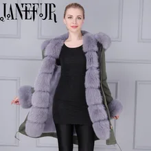 Italy Mr&Mrs desigh thick fur coat Huge grey fox fur collar mens women army green peal coat parka for hot selling