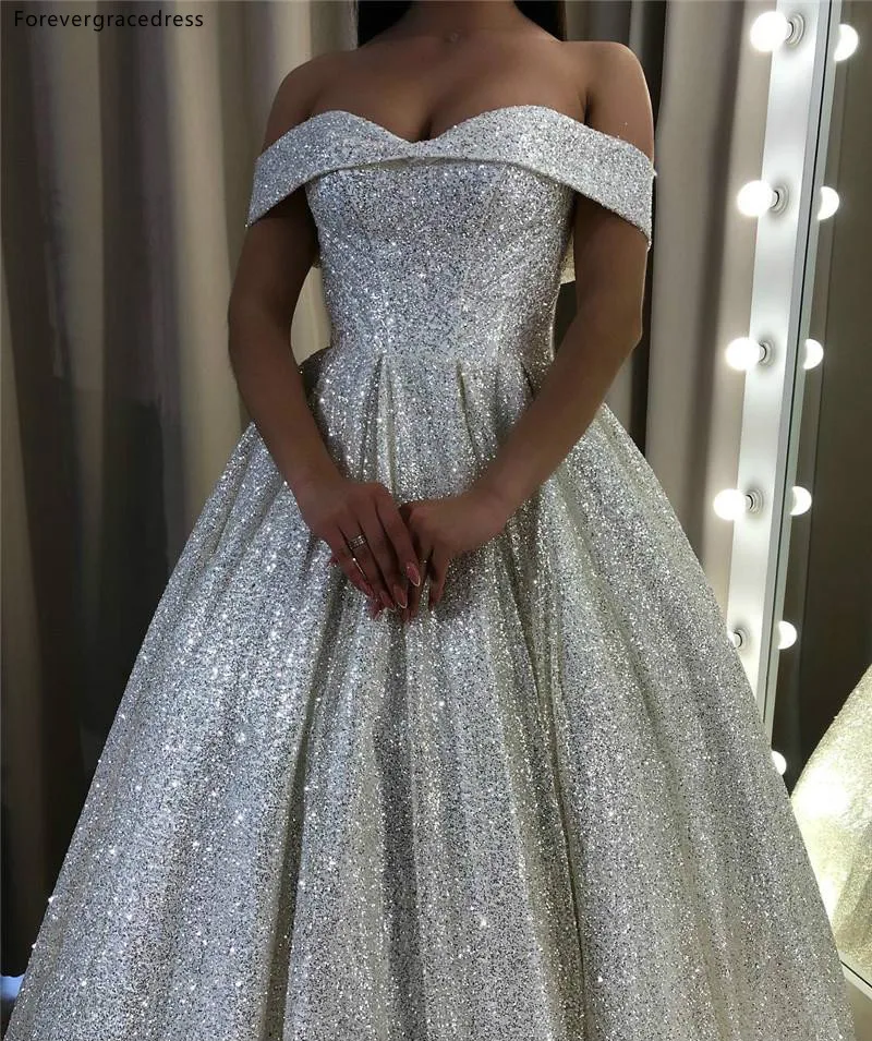 Stunning Glitz Silver Sequined Wedding Dresses A Line Off Shoulder Dubai Arabic Elegant Party Celebrity Gowns  208 (4)