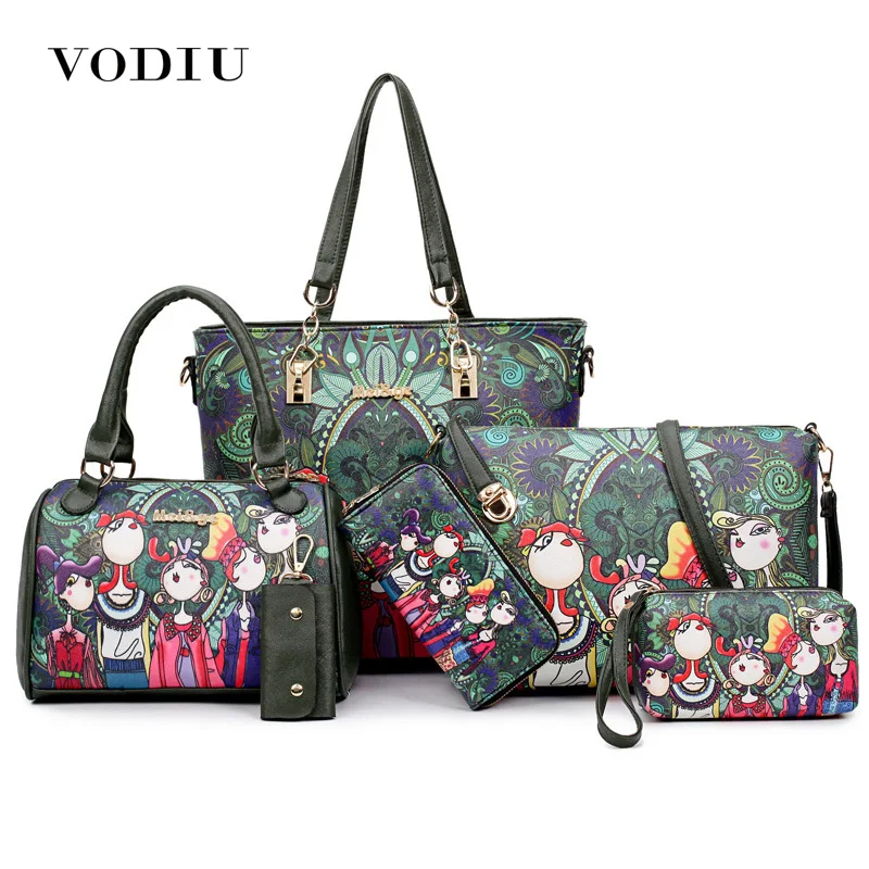 

Women Bag Leather Handbags 6 Pcs Composite Bag Women Shoulder Bag Key Handbags And Purses Cartoon Pattern Designer Large Totes