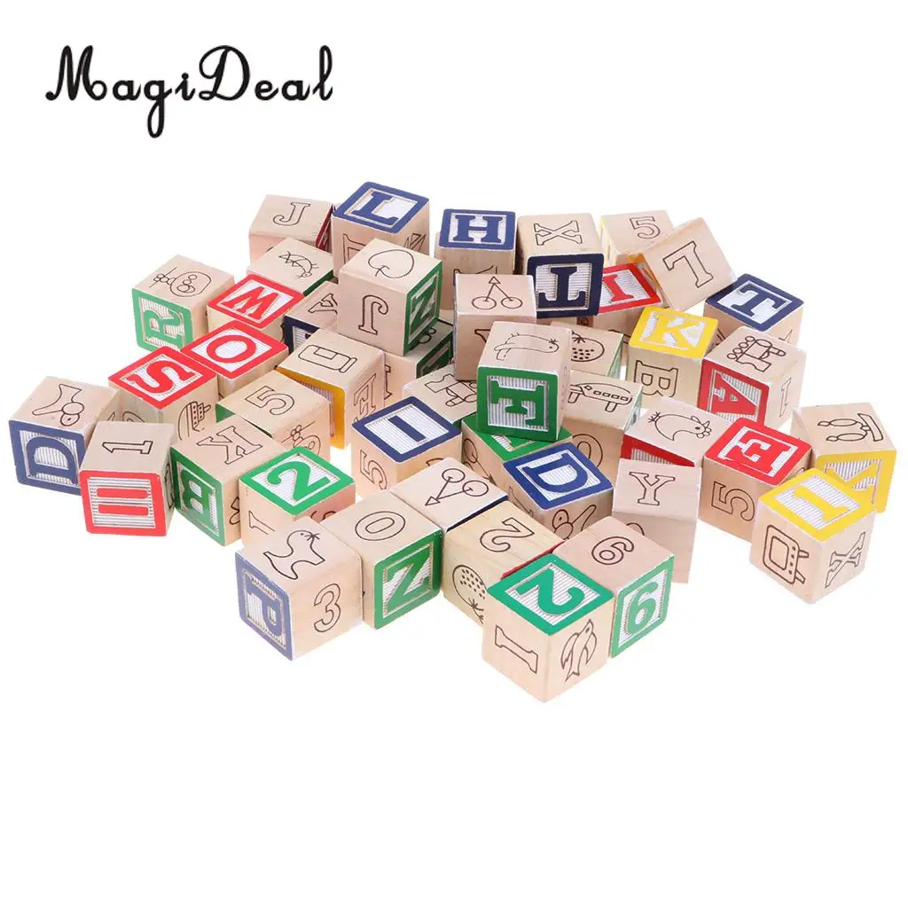 50Pcs Wooden Cartoon ABC Alphabet Numbers Math Learn Cube Blocks Stack Toddler Color Shape Cognition Educational Toy