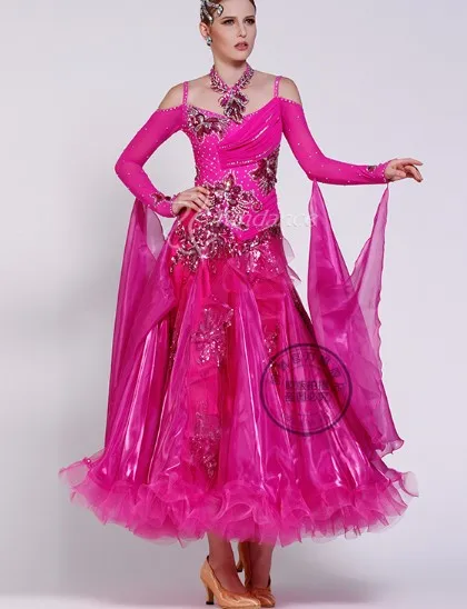 Настроить розовый Стандартный Вальс Танго Фокс Рысь быстрый шаг Бальные платья конкурс женщина вырез сзади Леди Девушка