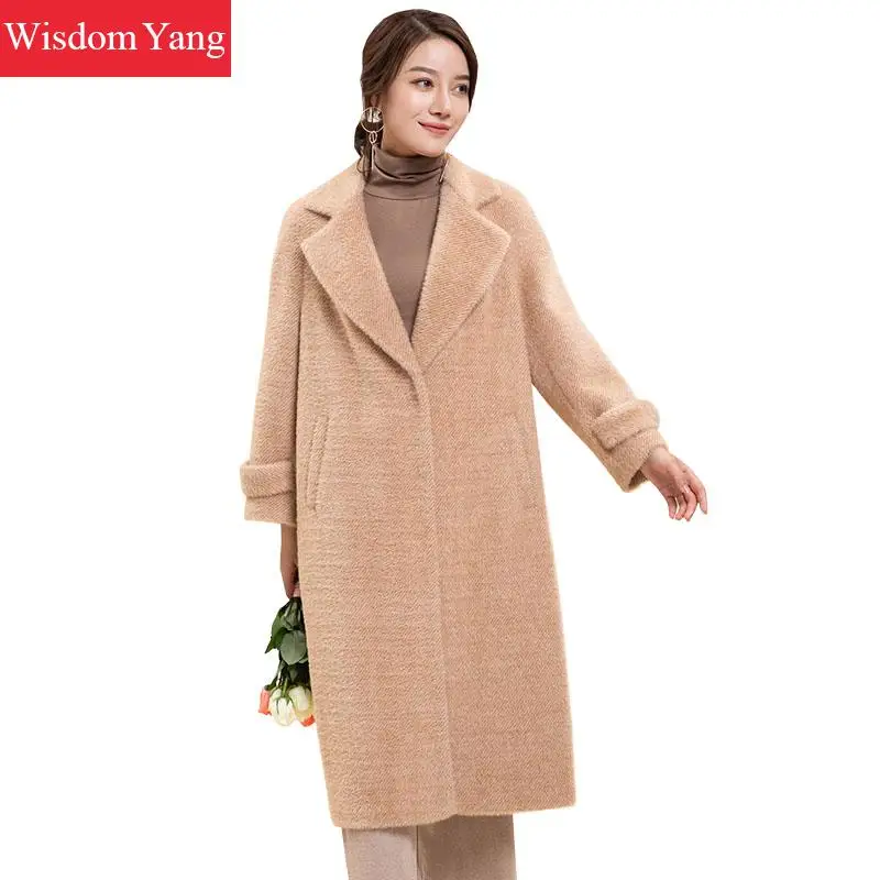 

Elegant Winter Warm Camel Beige Faux Mink Wool Coat Sheep Woollen Long Coats Womens Oversize Loose Woolen Overcoat Outerwear