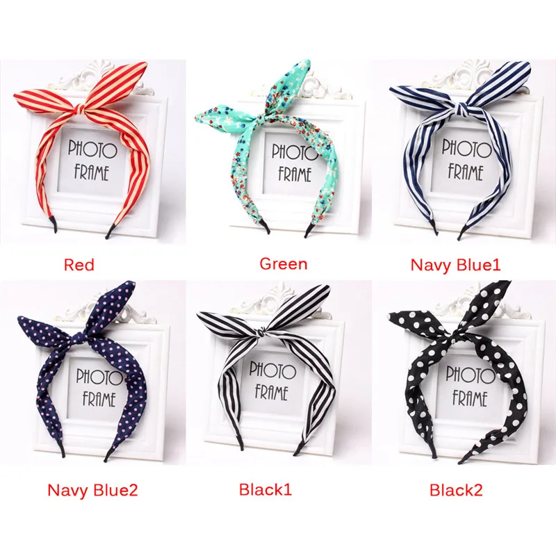 1Pc Rabbit Ear Hairband Cute Leopard Dots Lip Print Flower Bunny Ribbon Headwear Metal Wire Scarf Headband Hair Band Accessories