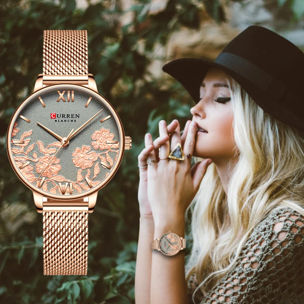 CURREN femmes montres Top marque de luxe en acier inoxydable bracelet montre-bracelet pour les femmes Rose horloge élégant Quartz dames montre