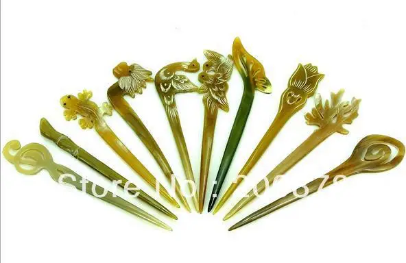 

L069 Hairsticks Tibet Yak Horn Hair Stick carved Animals flowers hairpin Mix 10pcs lot Free Shipping