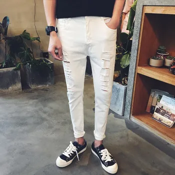 

2019 Slim Male White Jeans trousers Mens Casual Skinny Pencil Pants Boys Hip Hop