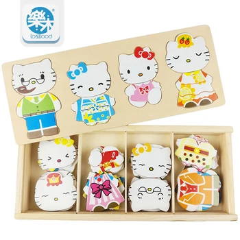

kitten change clothes Children's early education wooden jigsaw puzzle Dressing game Baby wooden puzzle toys free shipping