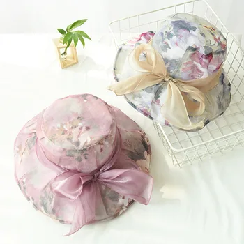 

Summer Hats For Women Floral Ribbon Bowknot Folding Caps Fedoras Bridal Hat Travel Wedding Organza Cap Sunhat Beach Church Hat