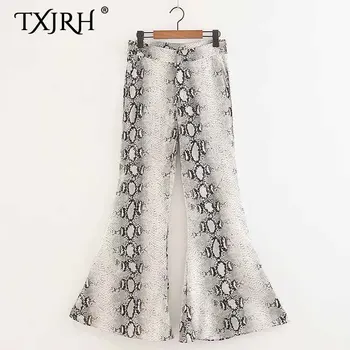 

TXJRH Vintage Snake Pattern Flare Pants Slim High Waist Full Length Trousers Casual Pockets Fashion Woman OL Loose Pants