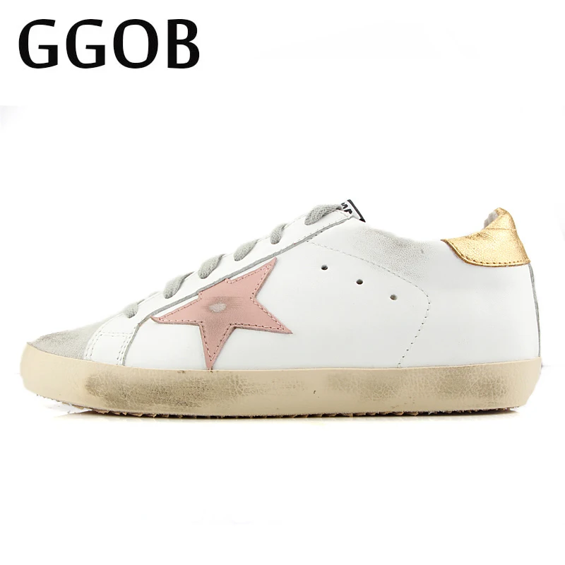 GGOB 2018 Korean Cowhide White Do Old Dirty Shoes Women Vintage Genuine Leather Pink Star Flat Shoes Women Ladies Leather Shoes