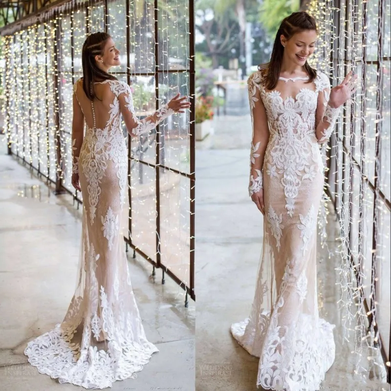 

2019 Sexy Lace Mermaid Wedding Dress Boho Long Sleeve Vestido De Noiva Elegant Backless Appliques Beach Wedding Dresses