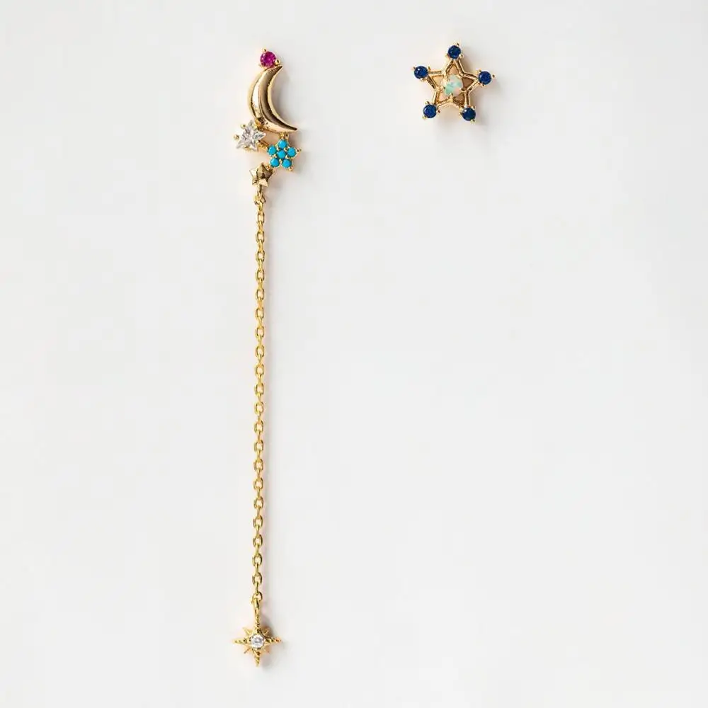 

2019 Sweety Korean Colourful Stone Moon star Earrings For Girl Gold Circle Star Pendant Asymmetry Earings Fashion Jewelry