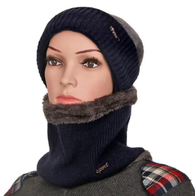 Зимние шапки Skullies Beanies для мужчин и женщин, вязаная шапка, однотонная Черная шапка с воротником Skullies& Beanies, утепленные женские шапки - Цвет: Черный