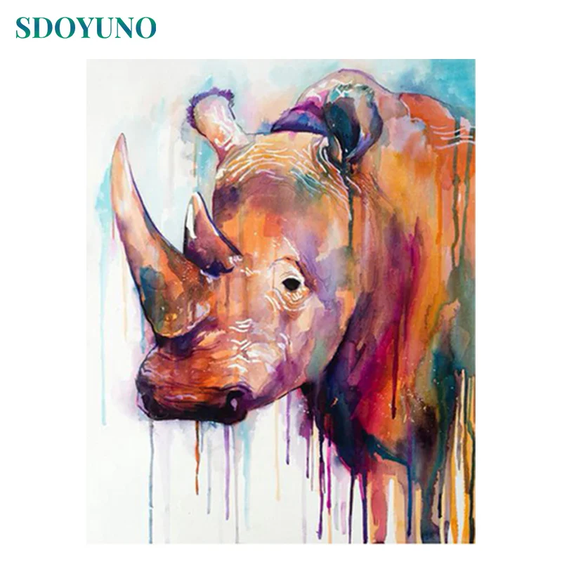 Sdoyuno Coloured Rhino Head Pictures By Numbers Framed Diy Rhino Head Pictures By Numbers Framed