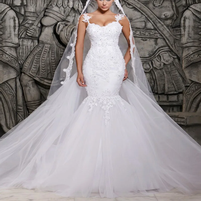 

U-SWEAR 2019 Sexy Mermaid Wedding Dresses Spaghetti Neck Sleeveless Backless Lace Appliques Cheap vestidos de novia