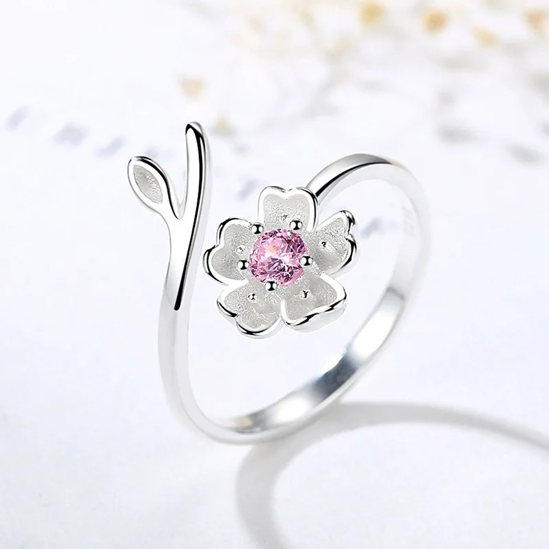 1PC Hot Pink Purple Cherry Blossoms Crystal Flowers Adjustable Rings For Women Girls Finger Decoration Ring Jewelry