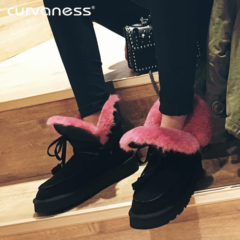 

Curvaness 2019 Winter New Snow Boots Short Boots Sheep Fur One Thick Cotton Shoes Waterproof Non-slip Leather Casual Boots