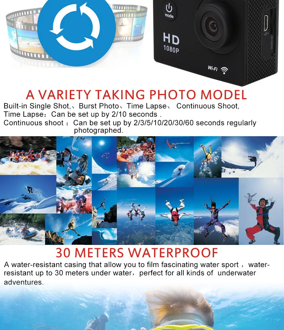 Wifi Action sport Camera HD 1080 p 2.0" underwater 30m Waterproof Sports Dving Mini photo Cam Helmet Camcorder