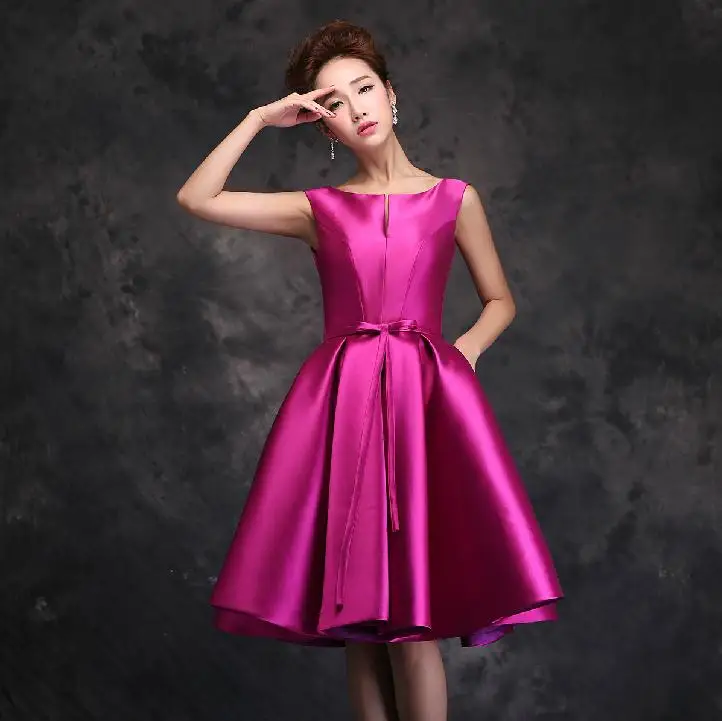 Fast Shipping Purple Pink Satin Short Party Gown Women Sexy V back Knee ...