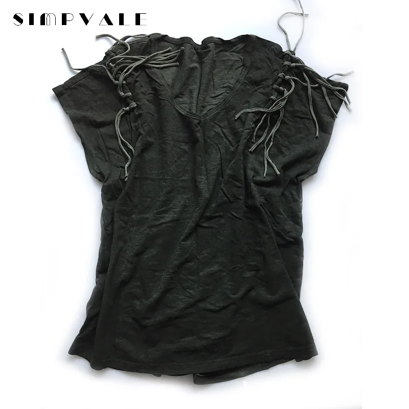 

SIMPVALE Factory Inventory Clear Loose Tassel T-Shirts Women Street Patchwork Summer Lady Cool Hip-hop Tees